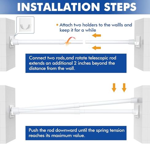 2 حزمة من قضبان ستائر التوتر البيضاء القابلة للتعديل 16-40 بوصة، قضيب شد مع 4 حوامل، قضبان ستائر غير مثقبة للنافذة، المطبخ، الحمام in Kuwait