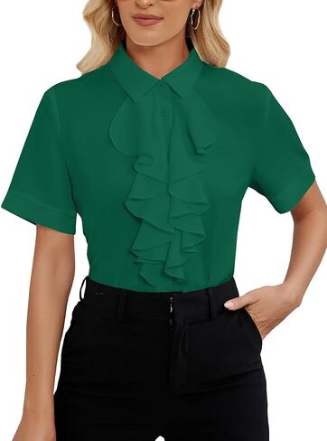 Vrtige Women's Ruffle Front Collar Neck Button Down Short Sleeve Blouse Shirt Top in Saudi Arabia