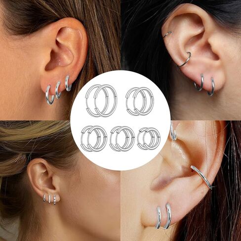 10 Pairs Hoop Earrings for Men, Small Silver Hoop Earrings Set 316L Surgical Steel Piercings Cartilage Earring Hoop Hypoallergenic Hoop Earrings for Women Men (8mm - 16mm) in Saudi Arabia