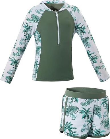 2 Pieces Rash Guard Swimsuit Girls Half Zip Long Sleeve Swimwear with Chest Padding for Beach Pool in Saudi Arabia