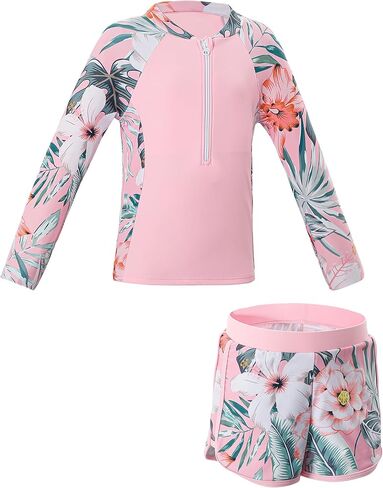 2 Pieces Rash Guard Swimsuit Girls Half Zip Long Sleeve Swimwear with Chest Padding for Beach Pool in Saudi Arabia