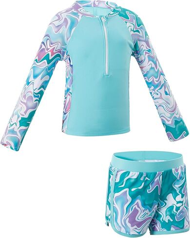 2 Pieces Rash Guard Swimsuit Girls Half Zip Long Sleeve Swimwear with Chest Padding for Beach Pool in Saudi Arabia
