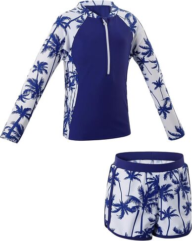 2 Pieces Rash Guard Swimsuit Girls Half Zip Long Sleeve Swimwear with Chest Padding for Beach Pool in Saudi Arabia