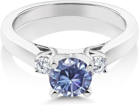 خاتم خطوبة من Gem Stone King 0.93 قيراط مويسانيتي أزرق فارسي وماس أبيض من 3 أحجار للنساء | 925 فضة استرلينية | مستديرة 6 ملم و 2.5 ملم in Saudi Arabia