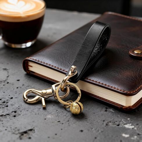 IJUN سلسلة مفاتيح جلدية الحبوب الكاملة حلقة رئيسية حزام الحبل مع جرس النمر النحاسي وحلقة تسلق خمر جلد البقر المدبوغة in Kuwait