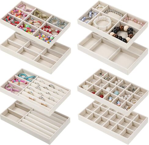 8 PCS Jewelry Drawer Organizer Inserts, Stackable Jewelry Organizer Tray Multi Grid Earring Tray 4 Styles for Storing Necklaces, Rings, Earrings, Dressing Tables and Drawers-Beige in Saudi Arabia