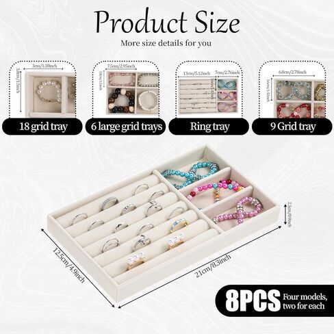 8 PCS Jewelry Drawer Organizer Inserts, Stackable Jewelry Organizer Tray Multi Grid Earring Tray 4 Styles for Storing Necklaces, Rings, Earrings, Dressing Tables and Drawers-Beige in Saudi Arabia