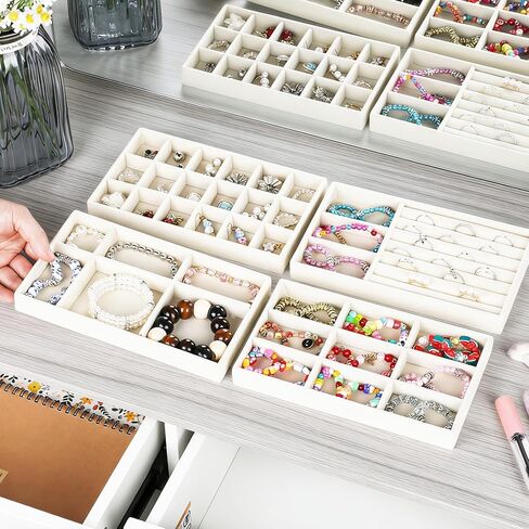 8 PCS Jewelry Drawer Organizer Inserts, Stackable Jewelry Organizer Tray Multi Grid Earring Tray 4 Styles for Storing Necklaces, Rings, Earrings, Dressing Tables and Drawers-Beige in Saudi Arabia