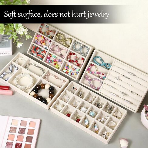 8 PCS Jewelry Drawer Organizer Inserts, Stackable Jewelry Organizer Tray Multi Grid Earring Tray 4 Styles for Storing Necklaces, Rings, Earrings, Dressing Tables and Drawers-Beige in Saudi Arabia