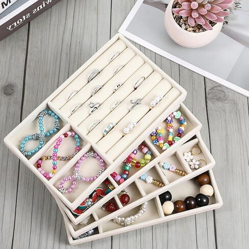 8 PCS Jewelry Drawer Organizer Inserts, Stackable Jewelry Organizer Tray Multi Grid Earring Tray 4 Styles for Storing Necklaces, Rings, Earrings, Dressing Tables and Drawers-Beige in Saudi Arabia