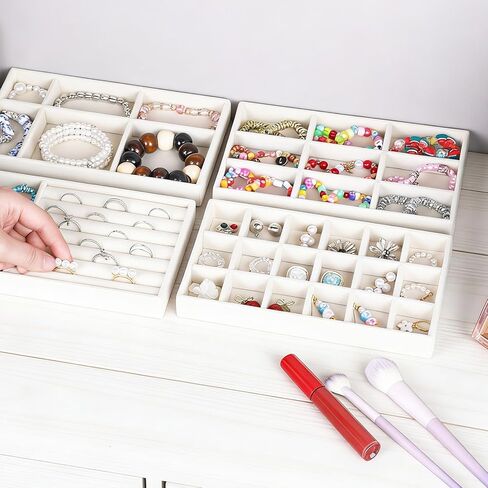 8 PCS Jewelry Drawer Organizer Inserts, Stackable Jewelry Organizer Tray Multi Grid Earring Tray 4 Styles for Storing Necklaces, Rings, Earrings, Dressing Tables and Drawers-Beige in Saudi Arabia