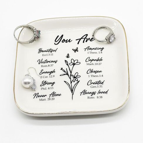 Bible Verse Ceramic Jewelry Dish, Small Ring Dish Jewelry Tray Confirmation Gifts for Girls Mom Daughter, Ring Holder Jewelry Plate Nightstand Trinket Tray Religious Christian Gift for Women in Kuwait