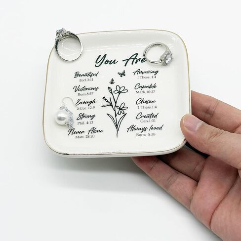 Bible Verse Ceramic Jewelry Dish, Small Ring Dish Jewelry Tray Confirmation Gifts for Girls Mom Daughter, Ring Holder Jewelry Plate Nightstand Trinket Tray Religious Christian Gift for Women in Kuwait