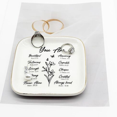 Bible Verse Ceramic Jewelry Dish, Small Ring Dish Jewelry Tray Confirmation Gifts for Girls Mom Daughter, Ring Holder Jewelry Plate Nightstand Trinket Tray Religious Christian Gift for Women in Kuwait