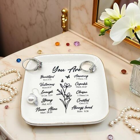 Bible Verse Ceramic Jewelry Dish, Small Ring Dish Jewelry Tray Confirmation Gifts for Girls Mom Daughter, Ring Holder Jewelry Plate Nightstand Trinket Tray Religious Christian Gift for Women in Kuwait