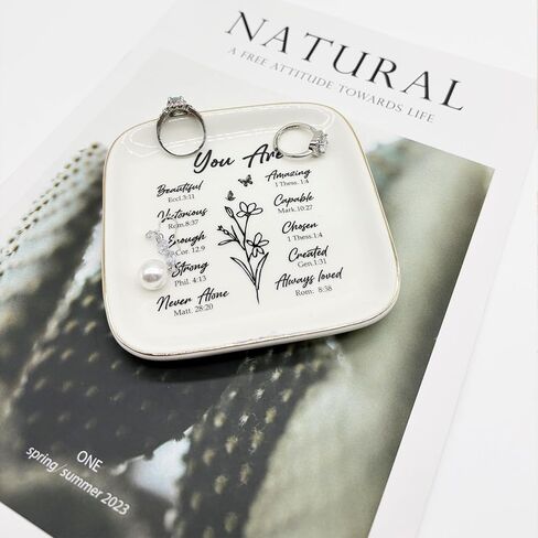 Bible Verse Ceramic Jewelry Dish, Small Ring Dish Jewelry Tray Confirmation Gifts for Girls Mom Daughter, Ring Holder Jewelry Plate Nightstand Trinket Tray Religious Christian Gift for Women in Kuwait