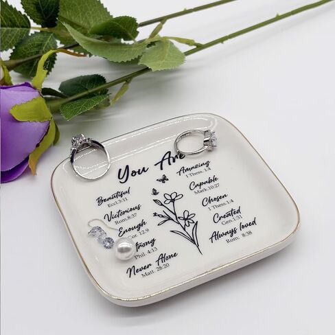 Bible Verse Ceramic Jewelry Dish, Small Ring Dish Jewelry Tray Confirmation Gifts for Girls Mom Daughter, Ring Holder Jewelry Plate Nightstand Trinket Tray Religious Christian Gift for Women in Saudi Arabia