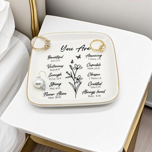 Bible Verse Ceramic Jewelry Dish, Small Ring Dish Jewelry Tray Confirmation Gifts for Girls Mom Daughter, Ring Holder Jewelry Plate Nightstand Trinket Tray Religious Christian Gift for Women in Saudi Arabia