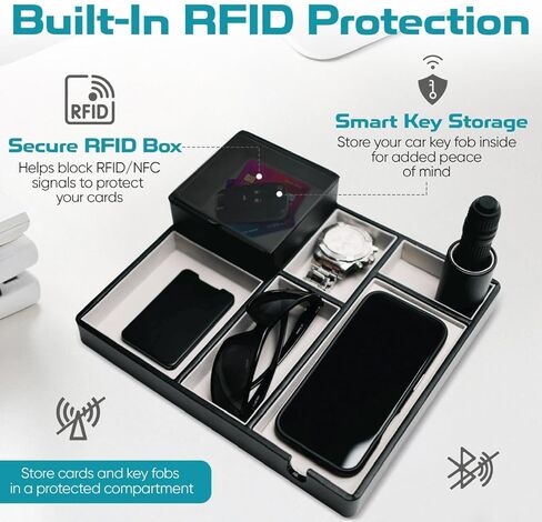 منظم منضدة مع صندوق مفاتيح RFID - صينية حامل بجانب السرير مع فتحة شحن للمفاتيح الذكية - امسك كل الصينية للهاتف والمحفظة والساعة والمجوهرات - هدية منظم خزانة الملابس للرجال والنساء in Saudi Arabia
