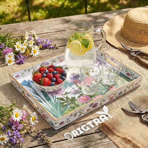 Serving Tray with Handles, Rectangular Plastic Tray 15.75x11.81 Inch, Wildflower, Butterflies & Hummingbirds Style Decorative Tray for Kitchen, Dining Table, Vanity, Office & Home in Saudi Arabia
