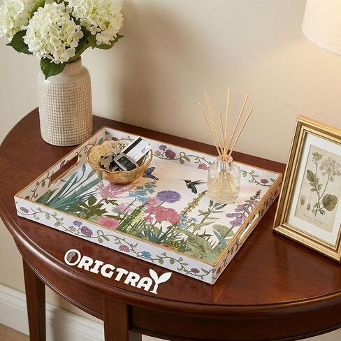 Serving Tray with Handles, Rectangular Plastic Tray 15.75x11.81 Inch, Wildflower, Butterflies & Hummingbirds Style Decorative Tray for Kitchen, Dining Table, Vanity, Office & Home in Saudi Arabia