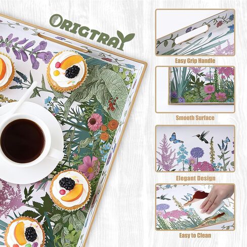Serving Tray with Handles, Rectangular Plastic Tray 15.75x11.81 Inch, Wildflower, Butterflies & Hummingbirds Style Decorative Tray for Kitchen, Dining Table, Vanity, Office & Home in Saudi Arabia