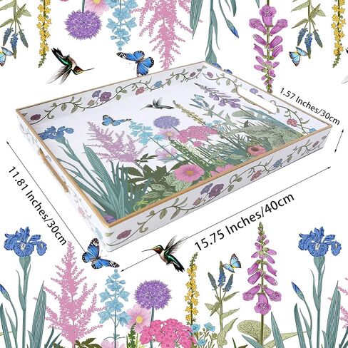 Serving Tray with Handles, Rectangular Plastic Tray 15.75x11.81 Inch, Wildflower, Butterflies & Hummingbirds Style Decorative Tray for Kitchen, Dining Table, Vanity, Office & Home in Saudi Arabia