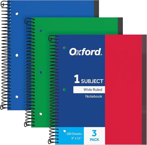 Oxford Spiral Notebook 3 Pack, 1 Subject, Wide Rule, Durable Plastic Covers, Strong Coil, 1 Pocket, 8.5 x 11, 100 Sheets, Red, Green, Blue (89802) in Saudi Arabia