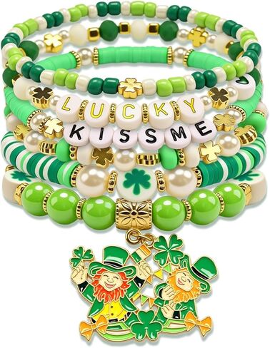 أساور Lucky Charm شامروك لعيد القديس باتريك، أساور ممتدة باللون الأخضر الأيرلندي مع خرز ساطع in Saudi Arabia