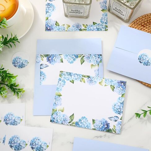 Whaline 24 حزمة من بطاقات القرطاسية الكوبية مع مظاريف فارغة، بطاقات ملاحظة شكر، بطاقة تهنئة زهرية زرقاء لدعوات الزفاف في عيد ميلاد الربيع in Saudi Arabia