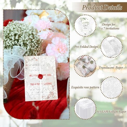 100 قطعة من سترات Vellum من Ysglory لدعوات 5 × 7 وأكمام دعوة ورقية من ورق Vellum مطوية مسبقًا وبطانة شفافة 115 جرامًا لكل متر مربع لحفلات الزفاف وأعياد الميلاد وحفلات استقبال المولود الجديد in Kuwait