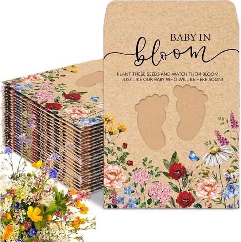 jarThenaAMCS 50 قطعة من عبوات بذور استحمام الطفل البرية، مغلف كرافت ذاتي اللصق مع نافذة بصمة القدم، جيوب تخزين بذور الأزهار العتيقة للأطفال في بلوم من أجل الكشف عن الجنس في عيد الميلاد in Kuwait