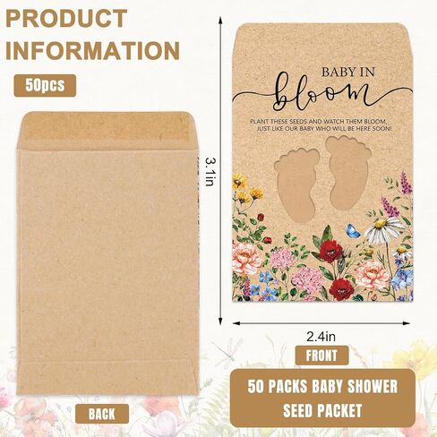 jarThenaAMCS 50 قطعة من عبوات بذور استحمام الطفل البرية، مغلف كرافت ذاتي اللصق مع نافذة بصمة القدم، جيوب تخزين بذور الأزهار العتيقة للأطفال في بلوم من أجل الكشف عن الجنس في عيد الميلاد in Kuwait