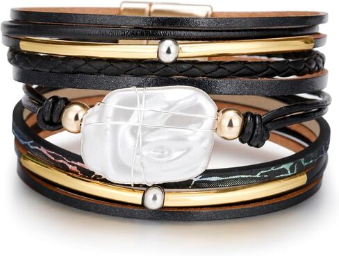 Leopard Bracelet for Women, Boho Leather Wrap Multi-Layer Pearl Crystal Bracelet Bangle Jewelry in Saudi Arabia