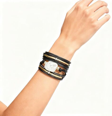 Leopard Bracelet for Women, Boho Leather Wrap Multi-Layer Pearl Crystal Bracelet Bangle Jewelry in Saudi Arabia