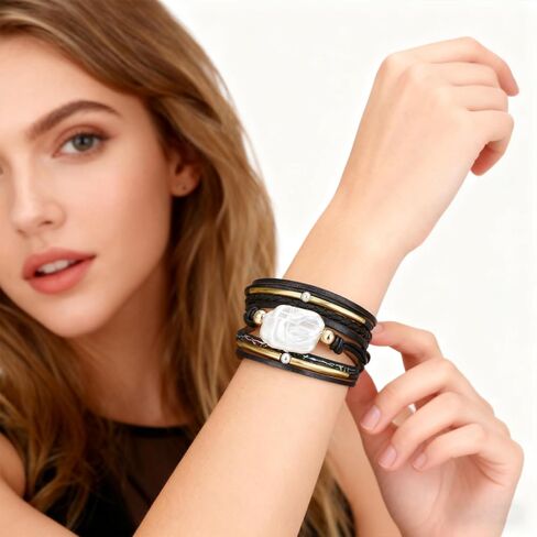 Leopard Bracelet for Women, Boho Leather Wrap Multi-Layer Pearl Crystal Bracelet Bangle Jewelry in Saudi Arabia