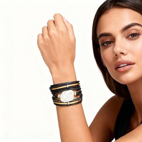 Leopard Bracelet for Women, Boho Leather Wrap Multi-Layer Pearl Crystal Bracelet Bangle Jewelry in Saudi Arabia