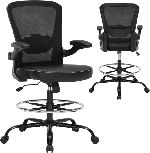 كرسي مكتب طويل مع مقعد من جلد البولي يوريثان، كرسي مكتب مريح بوزن 400 رطل مع دعم قطني، مقعد مضاد مع حلقة مسند للقدمين قابلة للتعديل ومساند للذراعين قابلة للطي، أسود in Kuwait