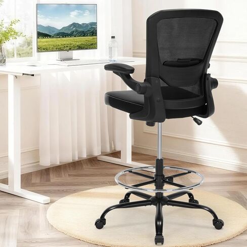 كرسي مكتب طويل مع مقعد من جلد البولي يوريثان، كرسي مكتب مريح بوزن 400 رطل مع دعم قطني، مقعد مضاد مع حلقة مسند للقدمين قابلة للتعديل ومساند للذراعين قابلة للطي، أسود in Kuwait