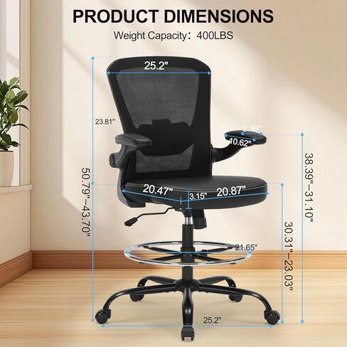 كرسي مكتب طويل مع مقعد من جلد البولي يوريثان، كرسي مكتب مريح بوزن 400 رطل مع دعم قطني، مقعد مضاد مع حلقة مسند للقدمين قابلة للتعديل ومساند للذراعين قابلة للطي، أسود in Kuwait