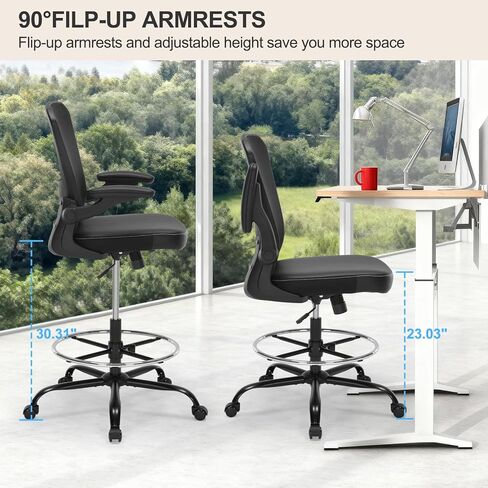 كرسي مكتب طويل مع مقعد من جلد البولي يوريثان، كرسي مكتب مريح بوزن 400 رطل مع دعم قطني، مقعد مضاد مع حلقة مسند للقدمين قابلة للتعديل ومساند للذراعين قابلة للطي، أسود in Kuwait