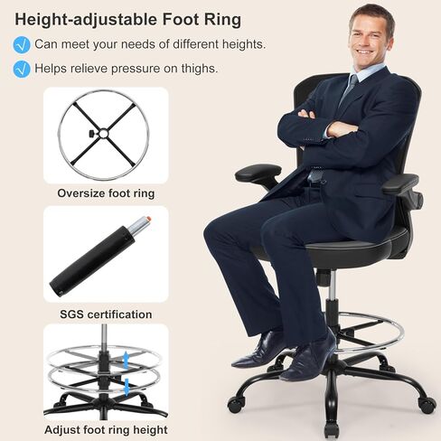 كرسي مكتب طويل مع مقعد من جلد البولي يوريثان، كرسي مكتب مريح بوزن 400 رطل مع دعم قطني، مقعد مضاد مع حلقة مسند للقدمين قابلة للتعديل ومساند للذراعين قابلة للطي، أسود in Kuwait