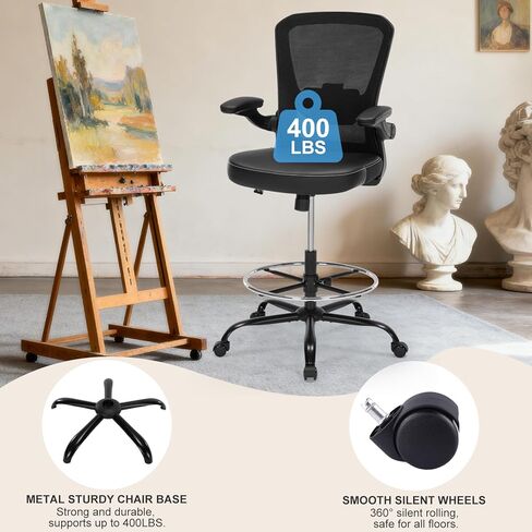 كرسي مكتب طويل مع مقعد من جلد البولي يوريثان، كرسي مكتب مريح بوزن 400 رطل مع دعم قطني، مقعد مضاد مع حلقة مسند للقدمين قابلة للتعديل ومساند للذراعين قابلة للطي، أسود in Kuwait