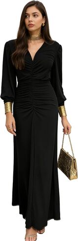Womens V-Neck Long Sleeve Ruched Bodycon Dress Elegant Formal Cocktail Party Evening Maxi Dresses in Saudi Arabia