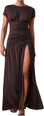 GORGLITTER Women's Ruched High Slit Bodycon Maxi Dress Short Sleeve Ruffle Long Cocktail Evening Dresses in Saudi Arabia