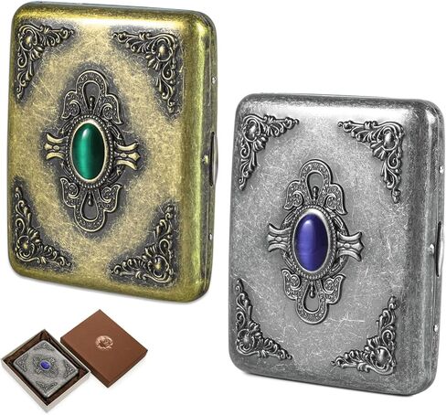 Youeon 2 Pcs Vintage Embossed Metal Storage Case, Retro Double-Sided Flip Box with Gemstone, Crush Resistant Pocket Organizer, Antique Card Holder, Gift Box Included(85mm King Size) in Saudi Arabia