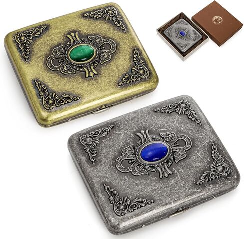 Youeon 2 Pcs Vintage Embossed Metal Storage Case, Retro Double-Sided Flip Box with Gemstone, Crush Resistant Pocket Organizer, Antique Card Holder, Gift Box Included(85mm King Size) in Saudi Arabia