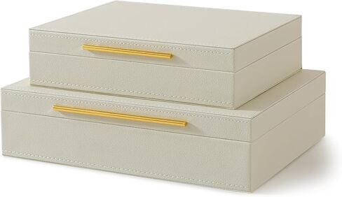 Soul & Lane Faux Leather Decorative Boxes with Lids and Gold Hardware for Home Decor, Set of 2 Stacking Hinged Boxes for Coffee Table and Living Room Shelves, Nesting Remote Control Holder, Ivory in Saudi Arabia