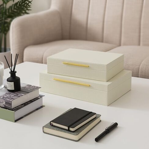Soul & Lane Faux Leather Decorative Boxes with Lids and Gold Hardware for Home Decor, Set of 2 Stacking Hinged Boxes for Coffee Table and Living Room Shelves, Nesting Remote Control Holder, Ivory in Saudi Arabia