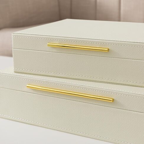 Soul & Lane Faux Leather Decorative Boxes with Lids and Gold Hardware for Home Decor, Set of 2 Stacking Hinged Boxes for Coffee Table and Living Room Shelves, Nesting Remote Control Holder, Ivory in Saudi Arabia